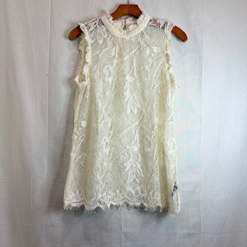 Who What Wear Cream Floral Lace Sleeveless Mock Neck Blouse Top Medium